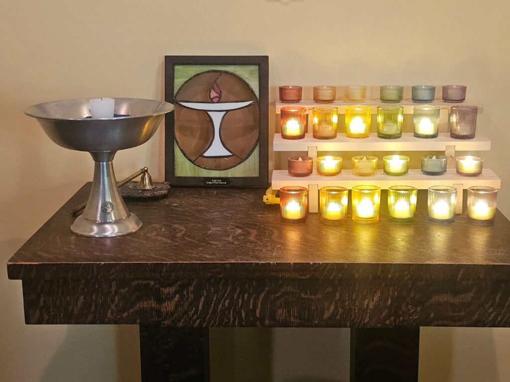 chalice table with rainbow votive display